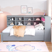 Letto matrimoniale multifunzione 140x200 cm in legno con contenitori, USB e LED, grigio