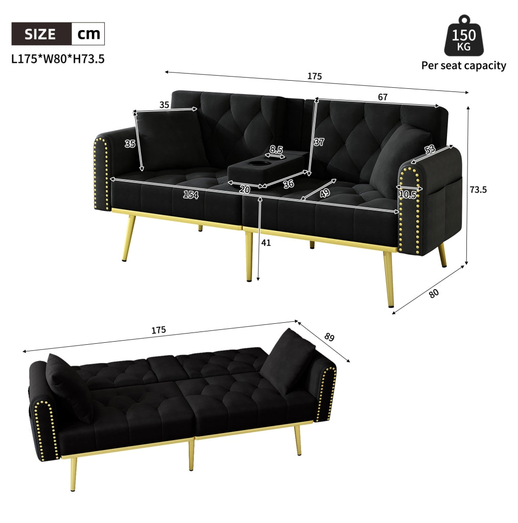 Divano letto 2 posti 175x80x73.5 cm con schienale regolabile e portabicchieri in velluto nero