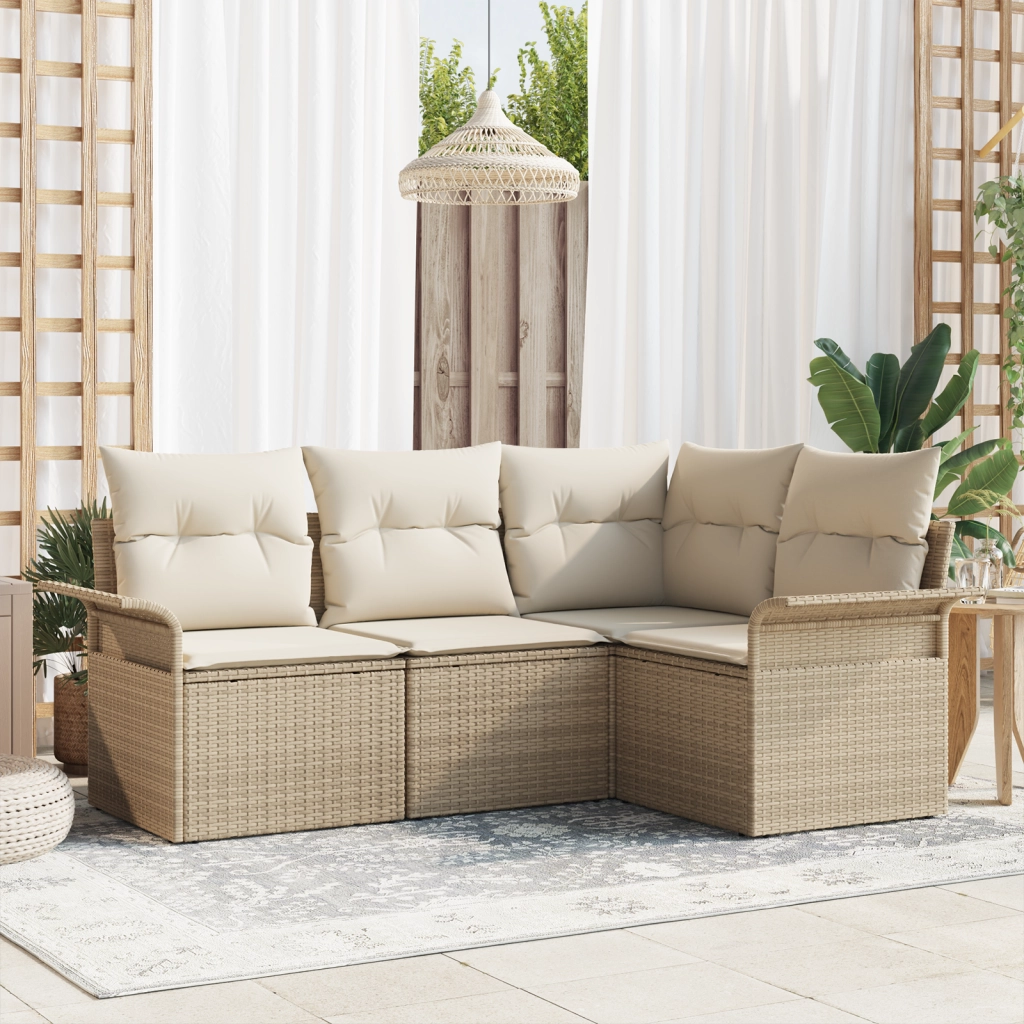 Set divano da giardino 4 pezzi con cuscini in rattan beige
