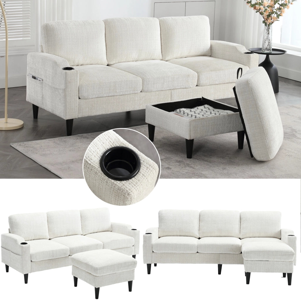 Divano 196.5x75x77 cm 4 posti con pouf contenitore; portabicchieri e tasche laterali in chenille beige