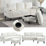 Divano 196.5x75x77 cm 4 posti con pouf contenitore; portabicchieri e tasche laterali in chenille beige