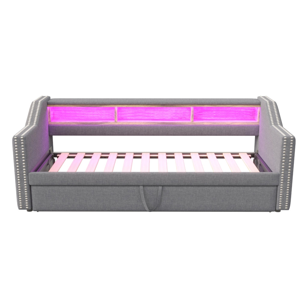 Divano letto imbottito estraibile 90/180 x 190 cm con LED e USB; grigio chiaro