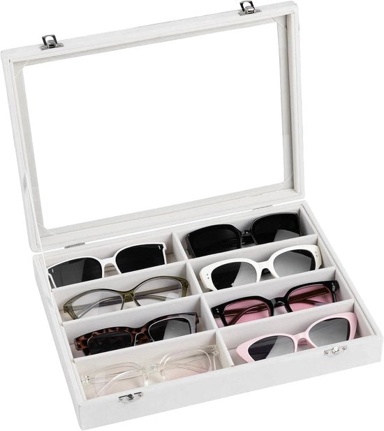 Organizzatore per Occhiali da Sole con 8 Slot e Coperchio Vetrato in Bianco - 30 x 22 cm