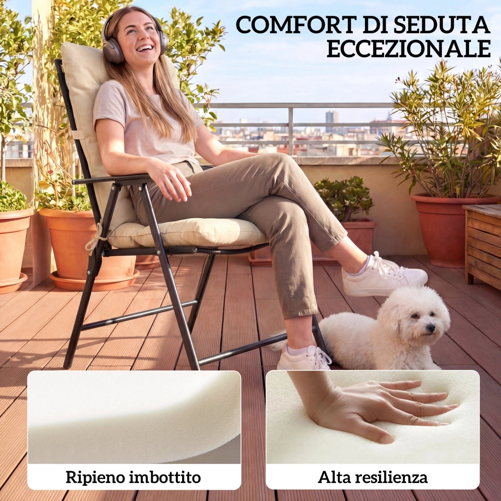 Set 2 Cuscini per Sedie da Esterno 120x50x8 cm con Lacci di Fissaggio in Poliestere e Cotone Beige