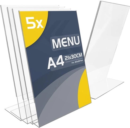 Set di supporti per tavolo A4 - 5 pezzi - Supporti per piatti in acrilato trasparente a forma L - Per ufficio/ negozio/ristorante - Dimensioni 30 x 21 cm - Supporto per piatti