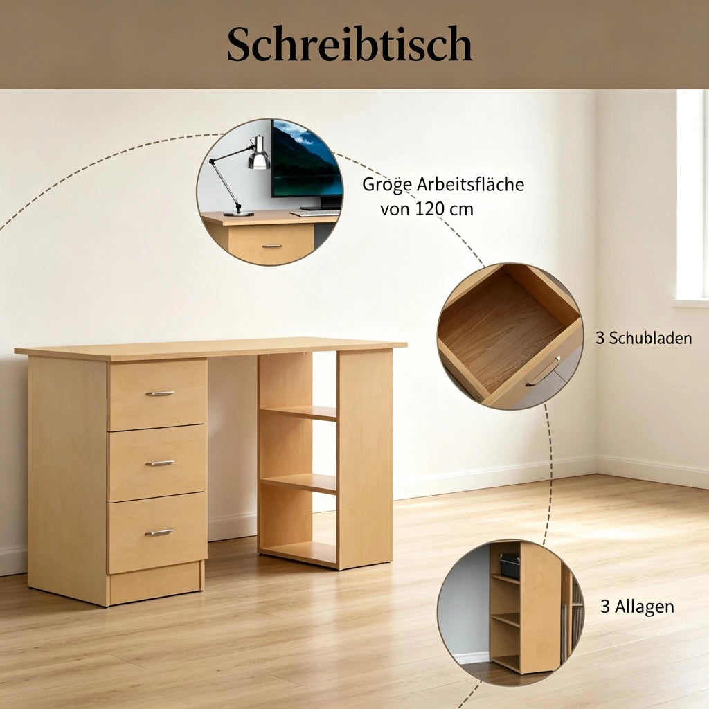 Scrivania con 3 ripiani e 3 cassetti, per studio, in MDF, 120 x 49 x 72 cm, legno