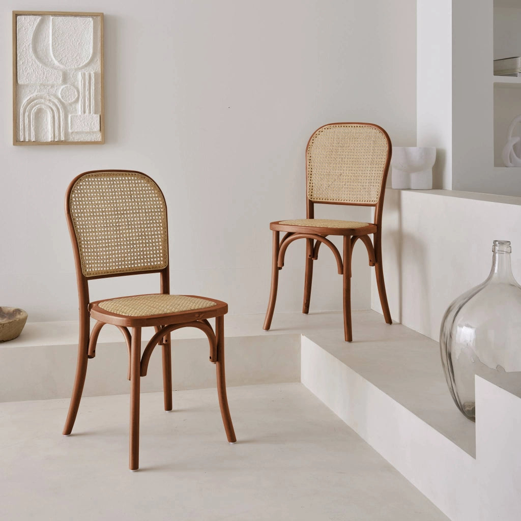 Set di 2 sedie vintage in legno e rattan, noce