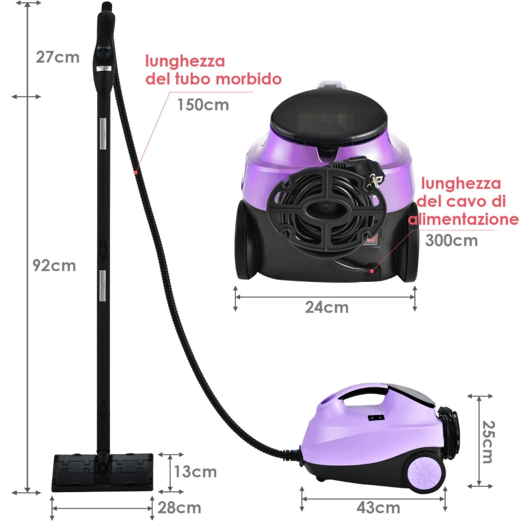 Pulitore a vapore con 19 accessori e serbatoio da 1,5 litri per pulizia tappeti, pavimenti, finestre 2000W Viola-Elettrodomestici pulizia