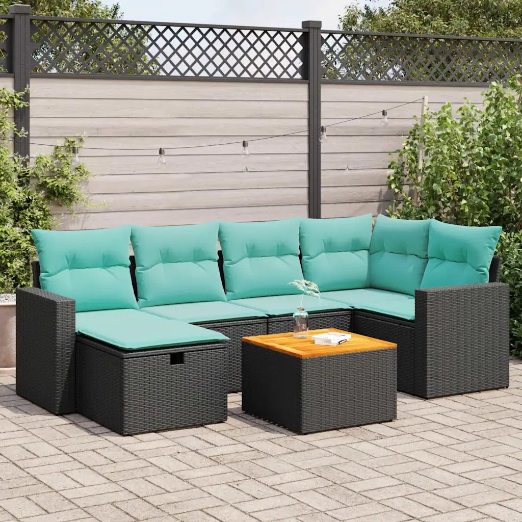 Set Divani da Giardino con Cuscini 7pz Nero Polyrattan