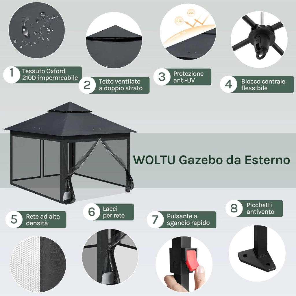 Gazebo da Giardino per Esterni, Gazebo 3x3 Pieghevole Impermeabile, con Zanzariera Rimovibile, Doppio Tetto, Borsa per Trasporto, Resistente ai Raggi UV, Antracite