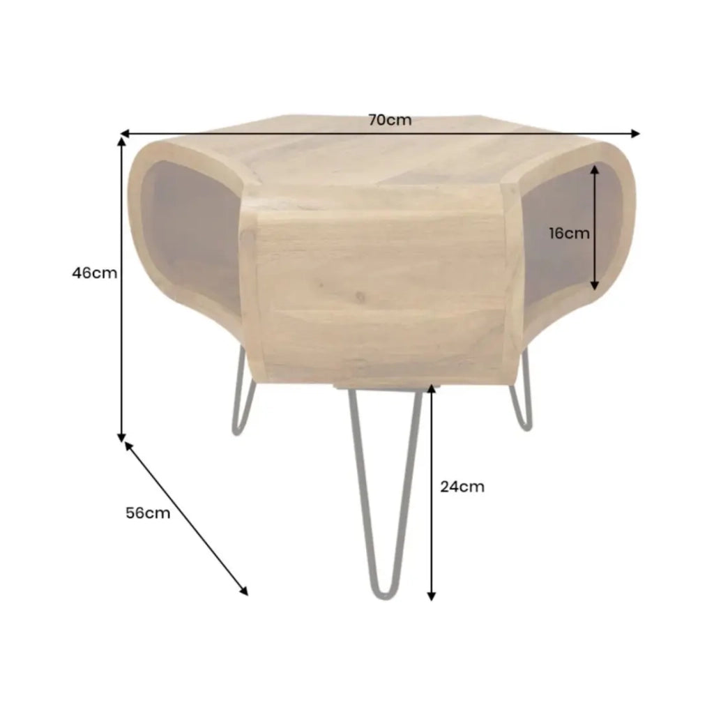 Tavolino basso NERA 70 cm in legno massiccio di acacia con nicchia e piedi in metallo nero – stile retro industriale