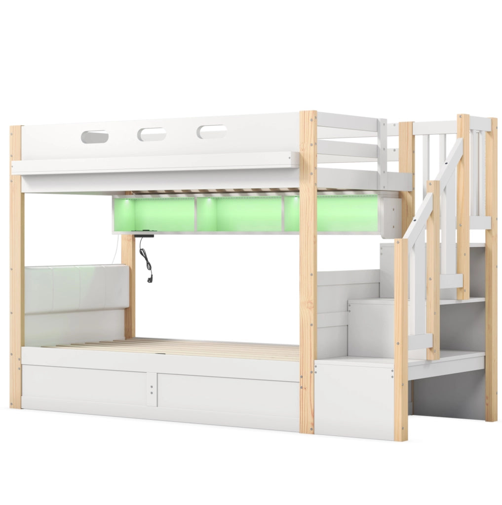 Letto a castello ULEVR 90x200 cm con contenitore idraulico, scala contenitore, LED e prese USB/Type-C, bianco
