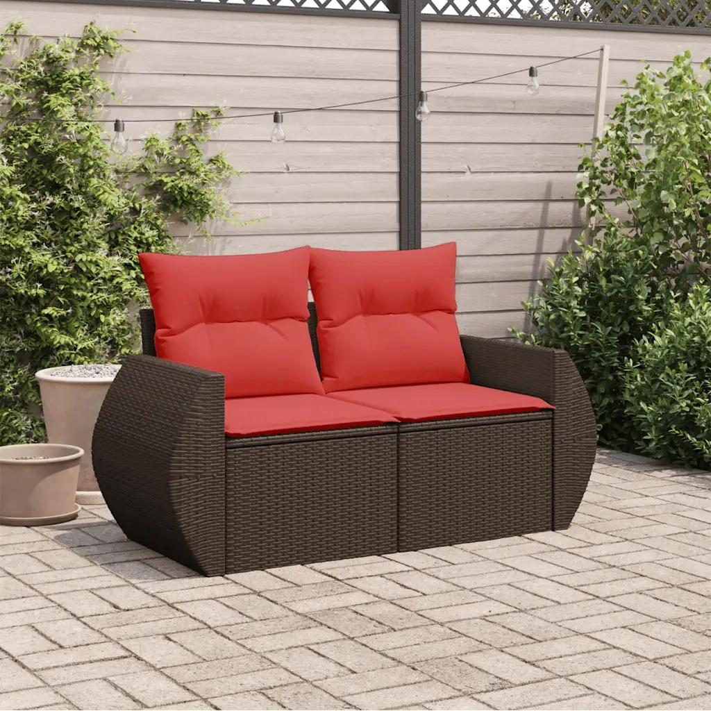 Divano da giardino con cuscini a 2 posti marrone in polyrattan