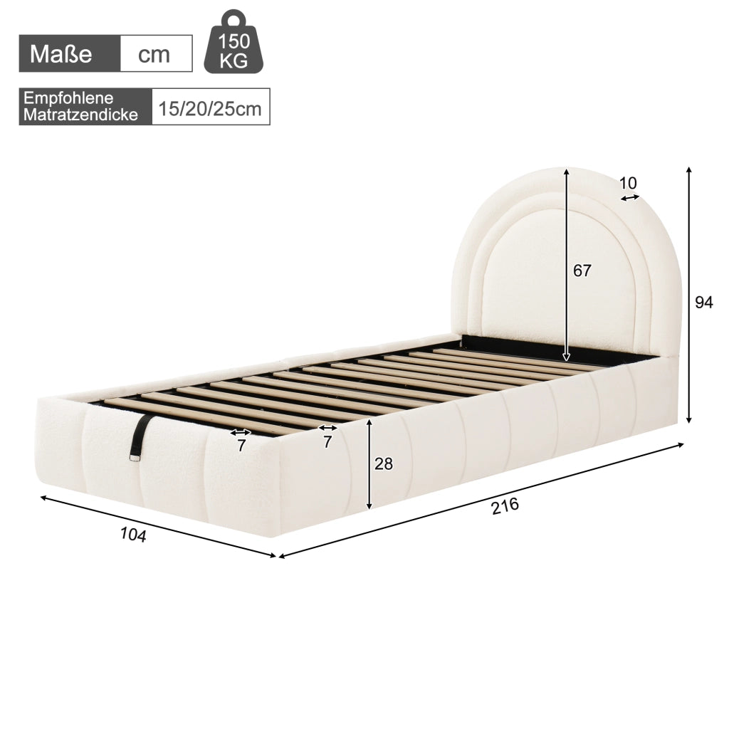 Letto per bambini 90 × 200 cm con contenitore idraulico e testiera imbottita, senza materasso, in bouclé beige