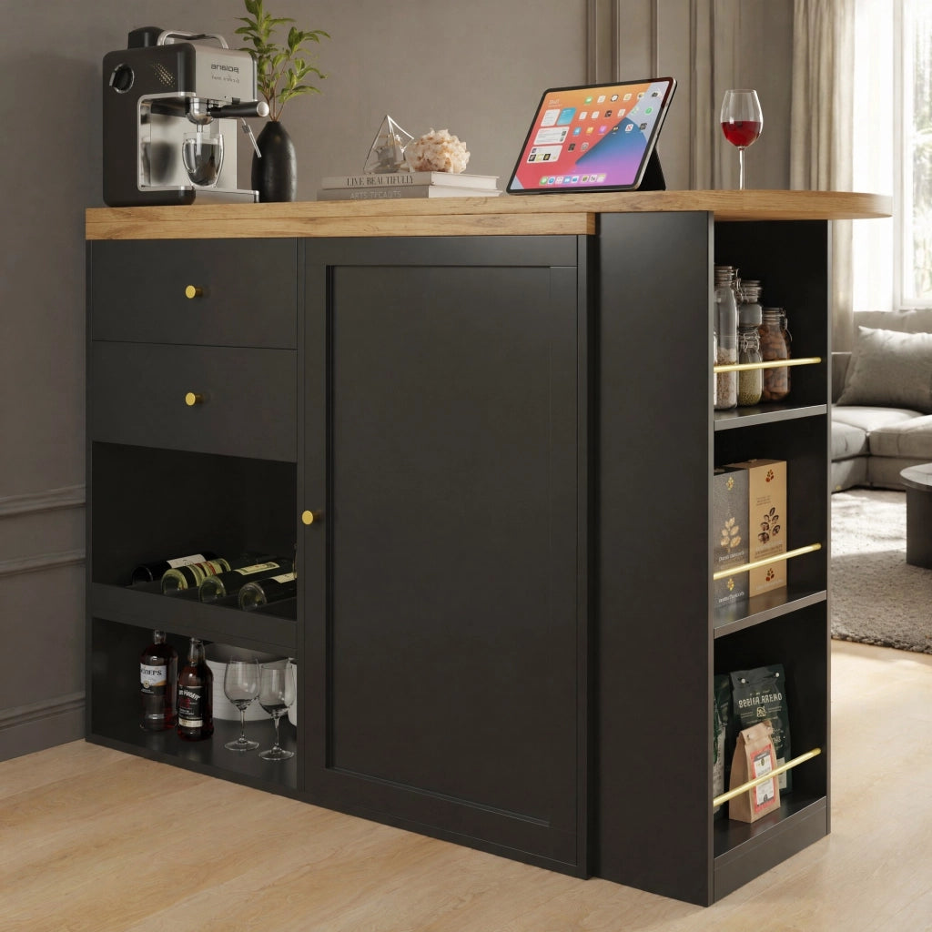 Mobile Contenitore con 4 Cassetti e 3 Ripiani Aperti Girevoli per Soggiorno Sala da Pranzo Studio in MDF Nero