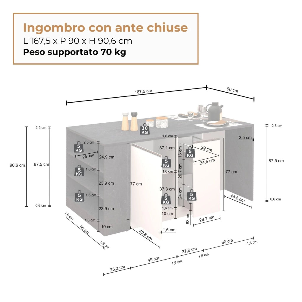 WHOUS Isola da cucina Sole 2 ante 2 cassetti e 1 scaffale bianco lucido/report 168x90x91 cm
