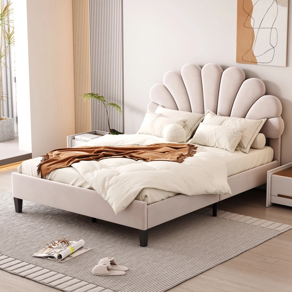 Letto matrimoniale imbottito 140x200 cm in velluto beige con testiera a fiore e rete a doghe, portata 250 kg