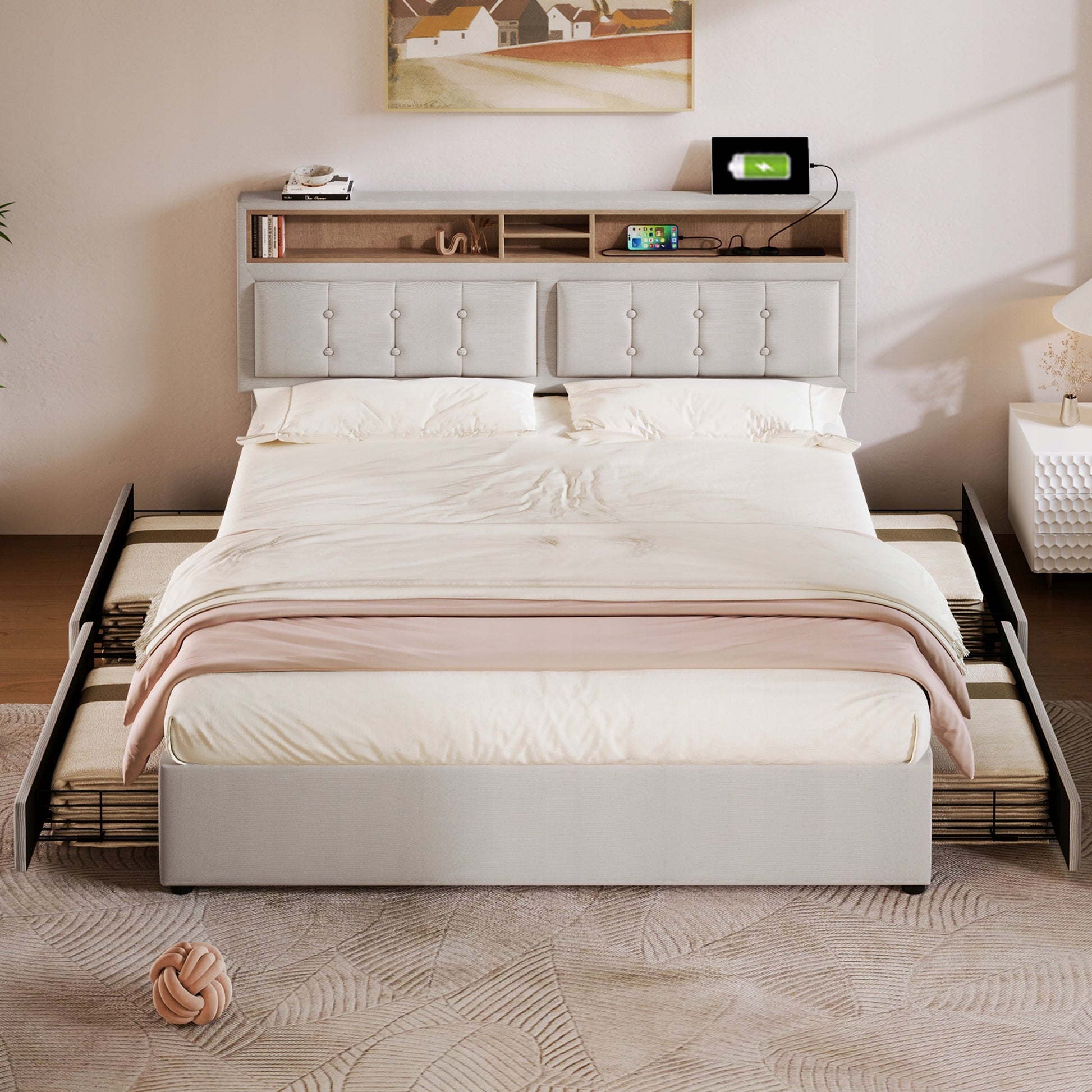 Letto imbottito con cassetti e USB - Xylo - 140x200 cm grigio