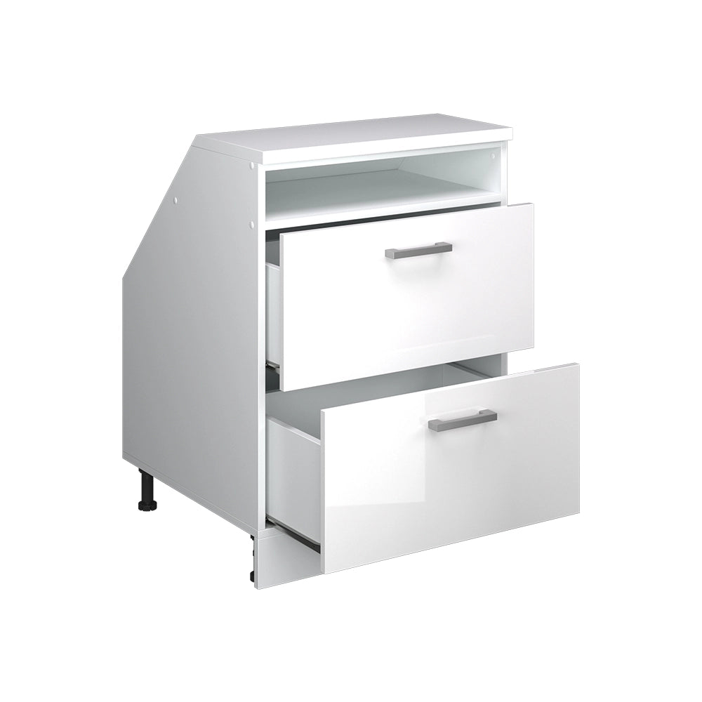 Mobile cucina sottotetto R-Line Bianco lucido/Bianco 60 cm con 2 cassetti, carcassa 60 cm profondità Vicco
