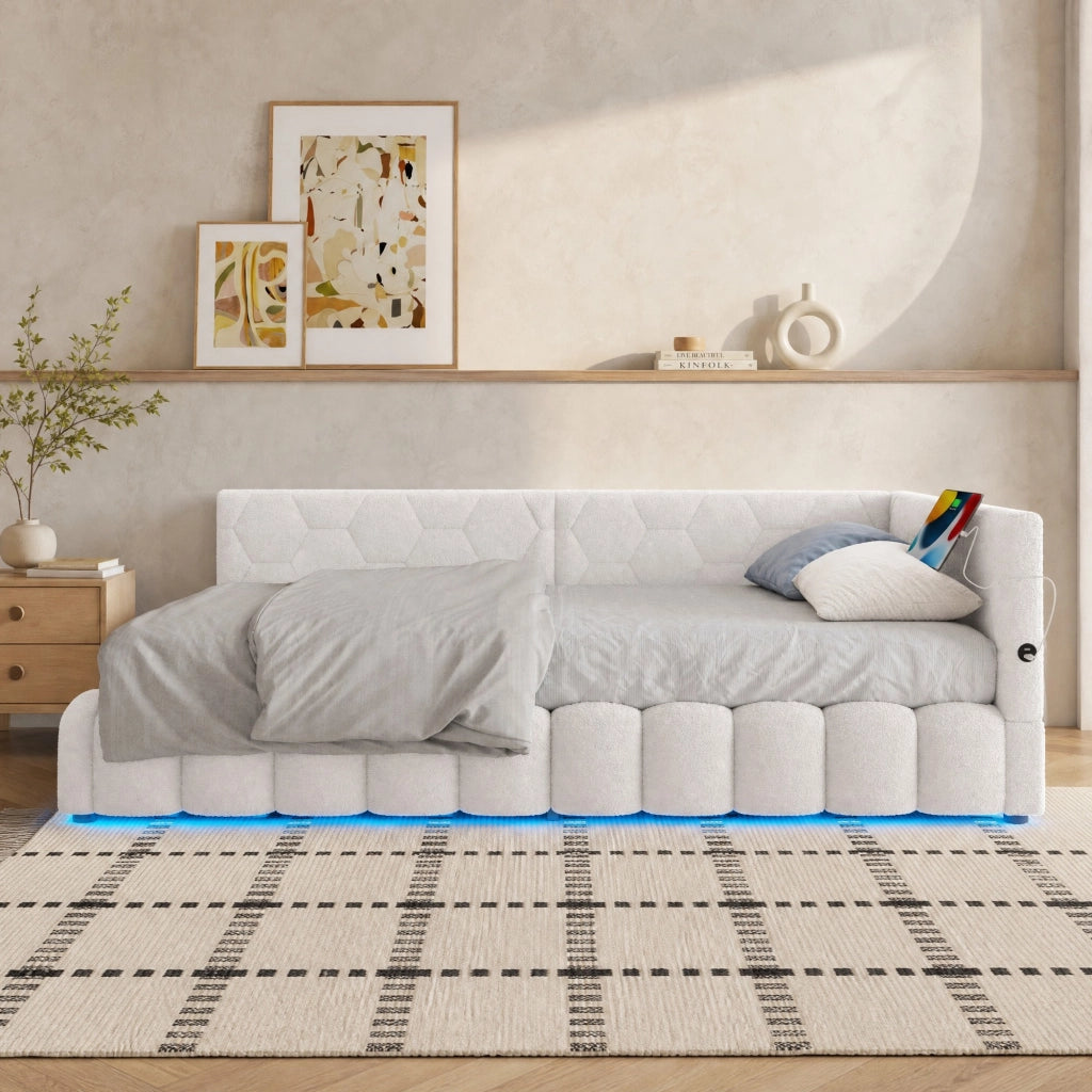 Letto singolo 90x200 cm con contenitore, LED, USB e Type-C