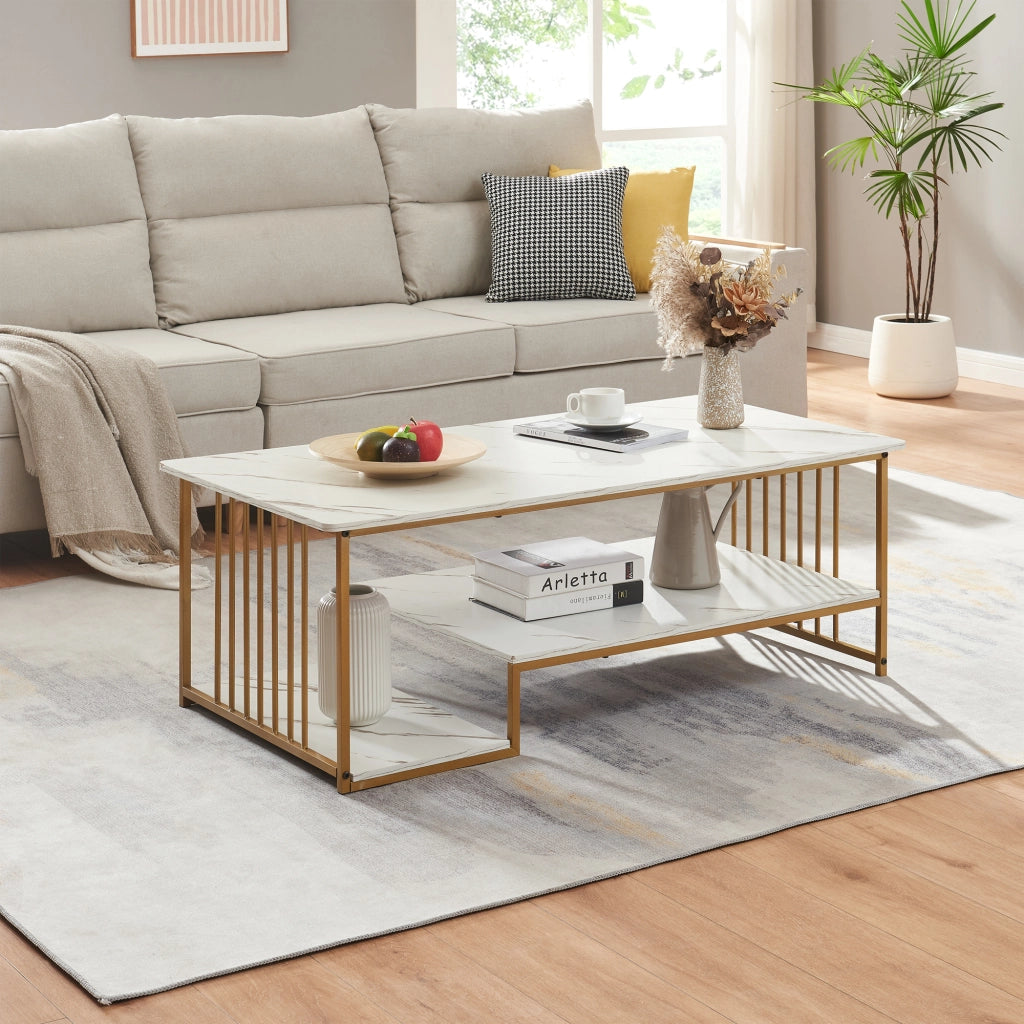 Tavolino Centrale da Salotto Klibro 120x60x42 cm Effetto Marmo Bianco / Dorato [en.casa]