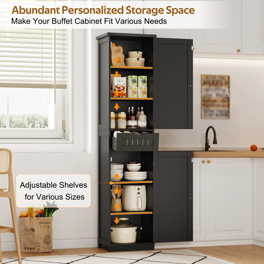 Dispensa alta con 4 ripiani regolabili e 2 ante, stile retrò, per cucina e soggiorno, in MDF, nero, 40 × 30 × 170 cm