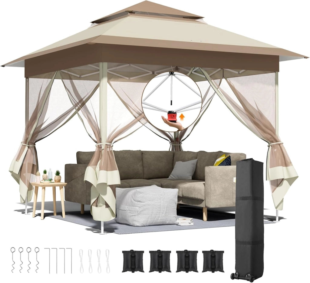 Gazebo pieghevole 3,3x3,3 m, con 4 pannelli laterali in zanzariera, One Push tenda con doppio tetto, Gazebo impermeabile da giardino 4 PCS Sacchi di Sabbia, per mercato/campeggio/spiaggia, Grigio