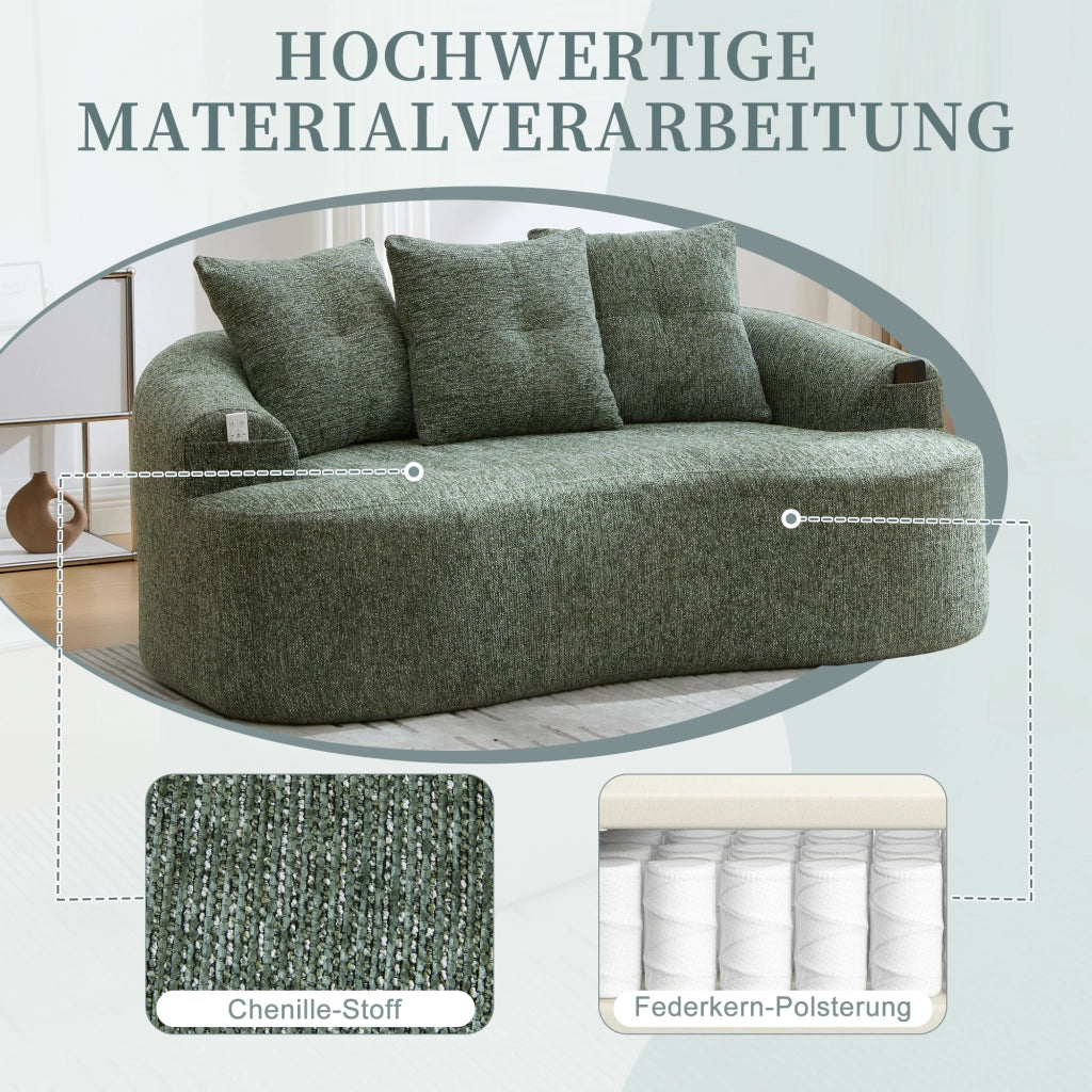 Divano lineare 2 posti con seduta profonda e 3 cuscini in chenille verde 164 × 92 × 60 cm