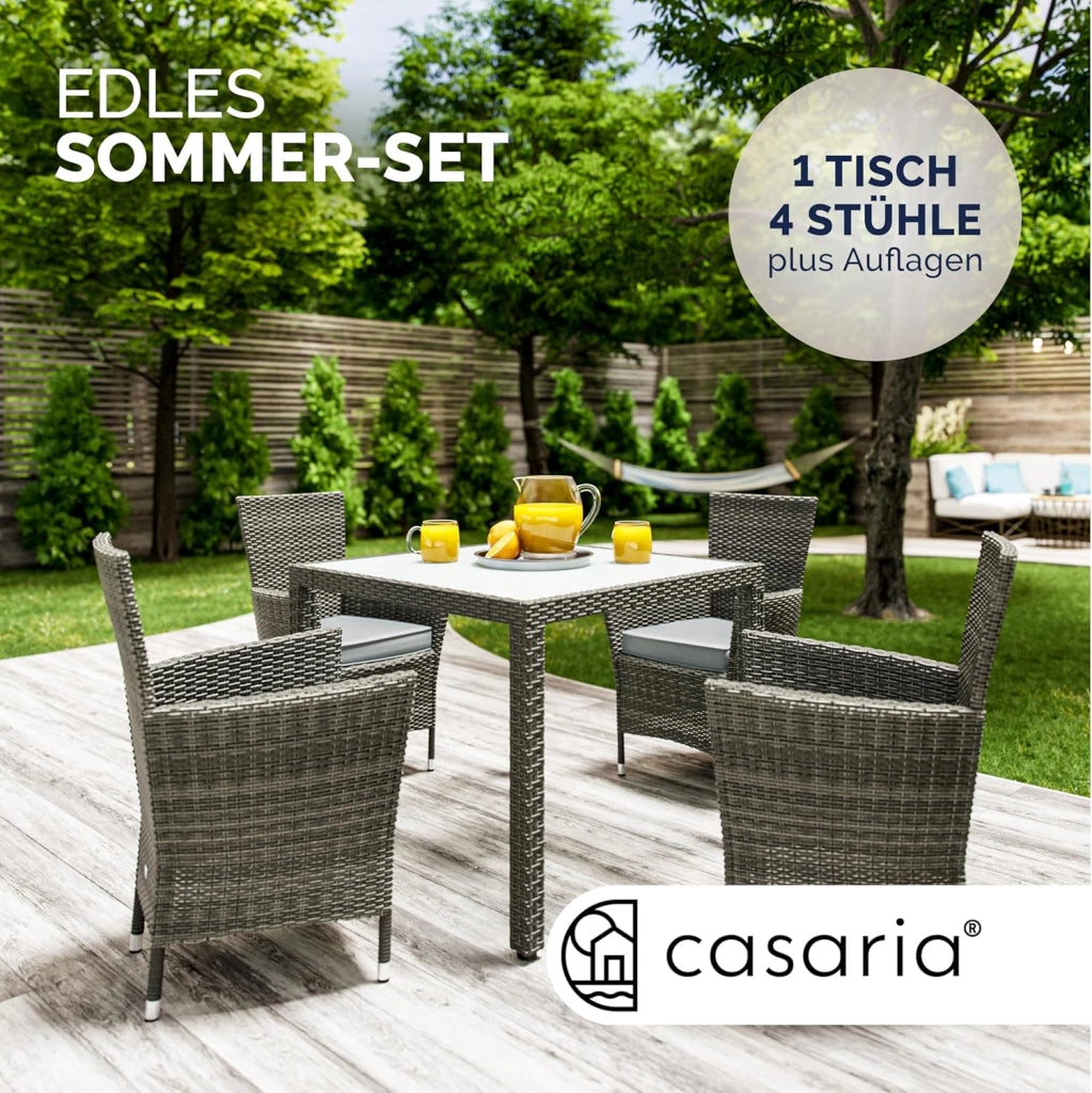 ® Set di Mobili da Giardino 4 Sedie Impilabili con Cuscini e Tavolo 90x90cm Polyrattan Balcone Terrazza