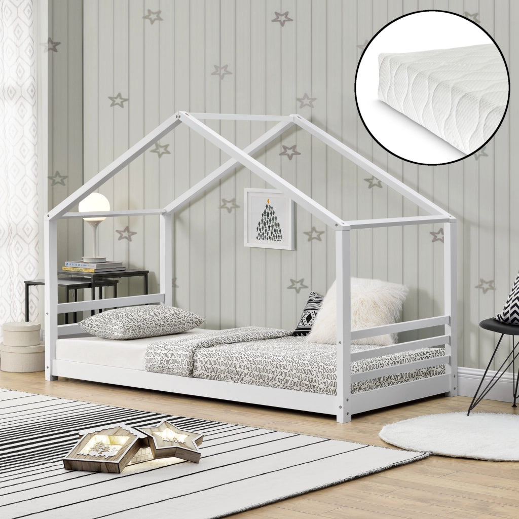Letto a Casetta per Cameretta Vardø con Materasso 90x200 cm Bianco [en.casa]