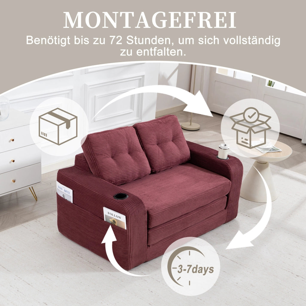 Divano modulare a 2 posti in velluto a coste con portabicchieri e tasche laterali; per soggiorno; 136 × 80 × 82.5 cm