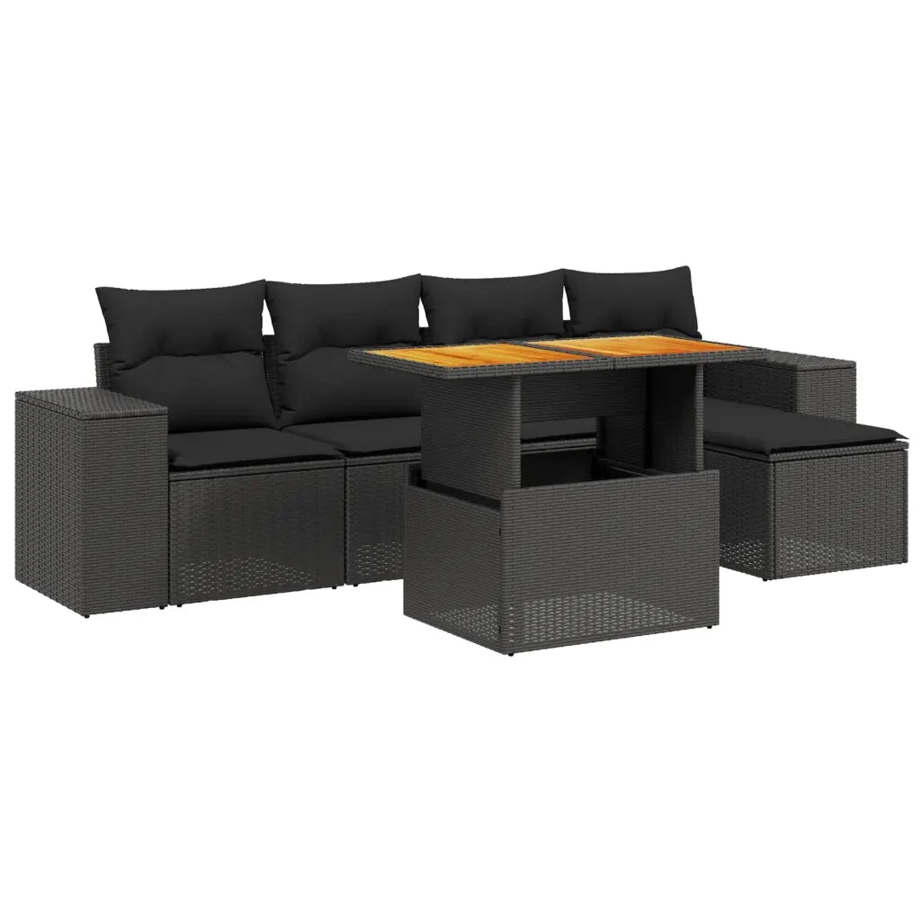 Set Divano da Giardino 6 pz con Cuscini Nero in Polyrattan