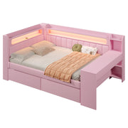 Letto a Divanetto 140x200 cm; USB; LED; Scrivania e 2 Cassetti in MDF; Rosa