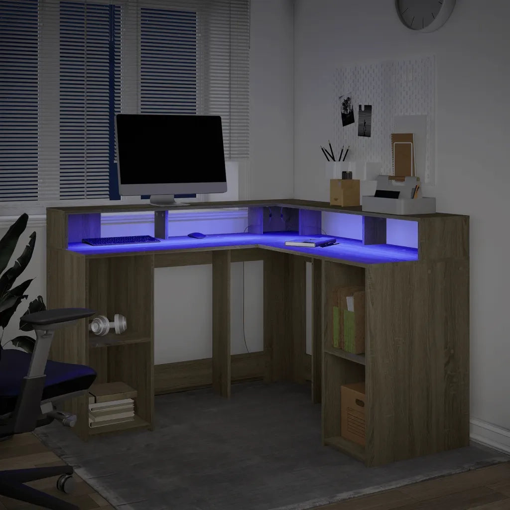 Scrivania con Luci LED Rovere Sonoma 130x130x91cm in Truciolato