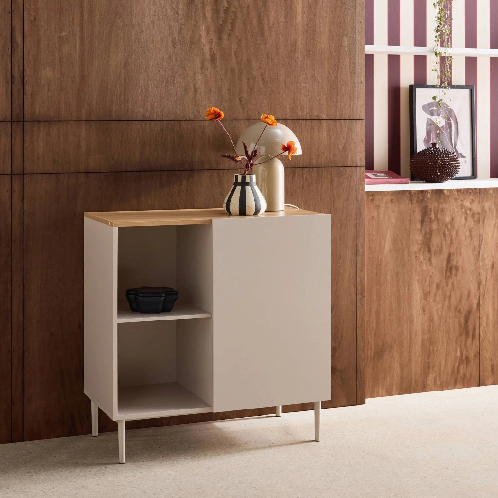 Credenza in metallo e decorazione in legno 1 anta, 80cm, beige