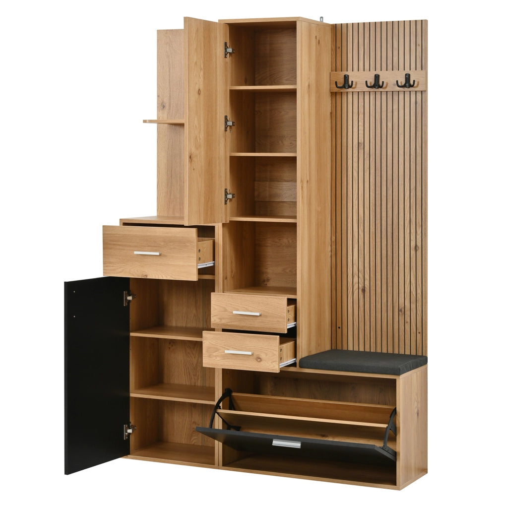 Garderoba da ingresso 120x32x178 cm con specchio; panca e illuminazione LED in MDF; nero e naturale