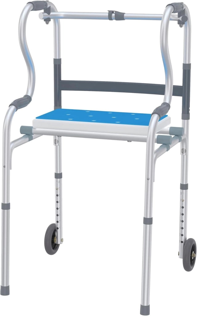 Deambulatore per anziani, regolabile in altezza, pieghevole, con manici, 2 ruote e sedile doccia 3 in 1, supporto per adulti e disabili, portata fino a 180 kg