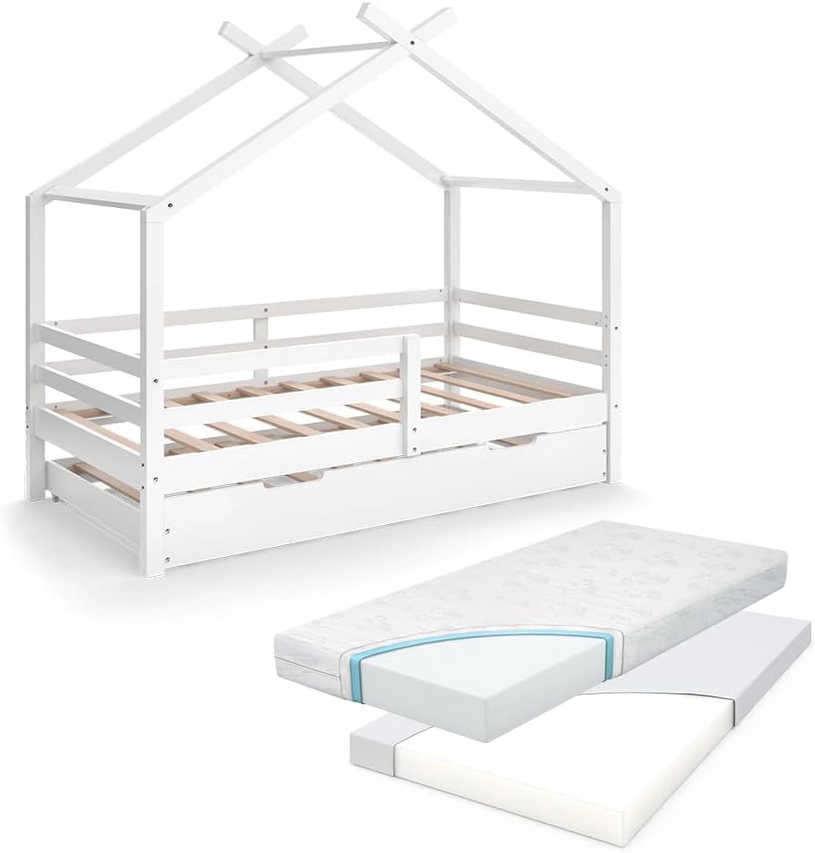 Letto montessori bambini Luni, Bianco, 200 x 90 cm con letto per ospiti, come una piccola casa per un'atmosfera calda