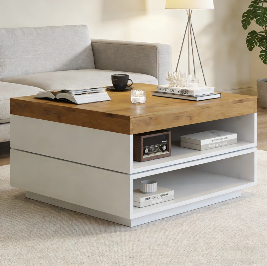 Tavolino da caffè 65x65x40 cm con piano girevole a 360° e LED; MDF; bianco e naturale