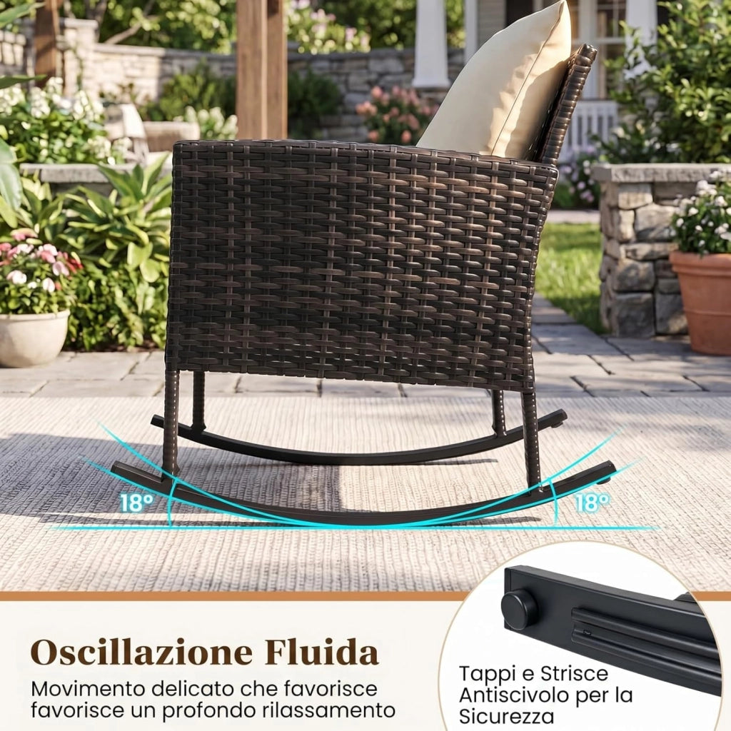 Set Salotto da Giardino in Rattan, Set Mobili da Eterno con 2 Poltrone a Dondolo, Tavolino in Vetro Temperato e Comodi Cuscini con Fodera Lavabile per Cortile e Balcone (Beige)