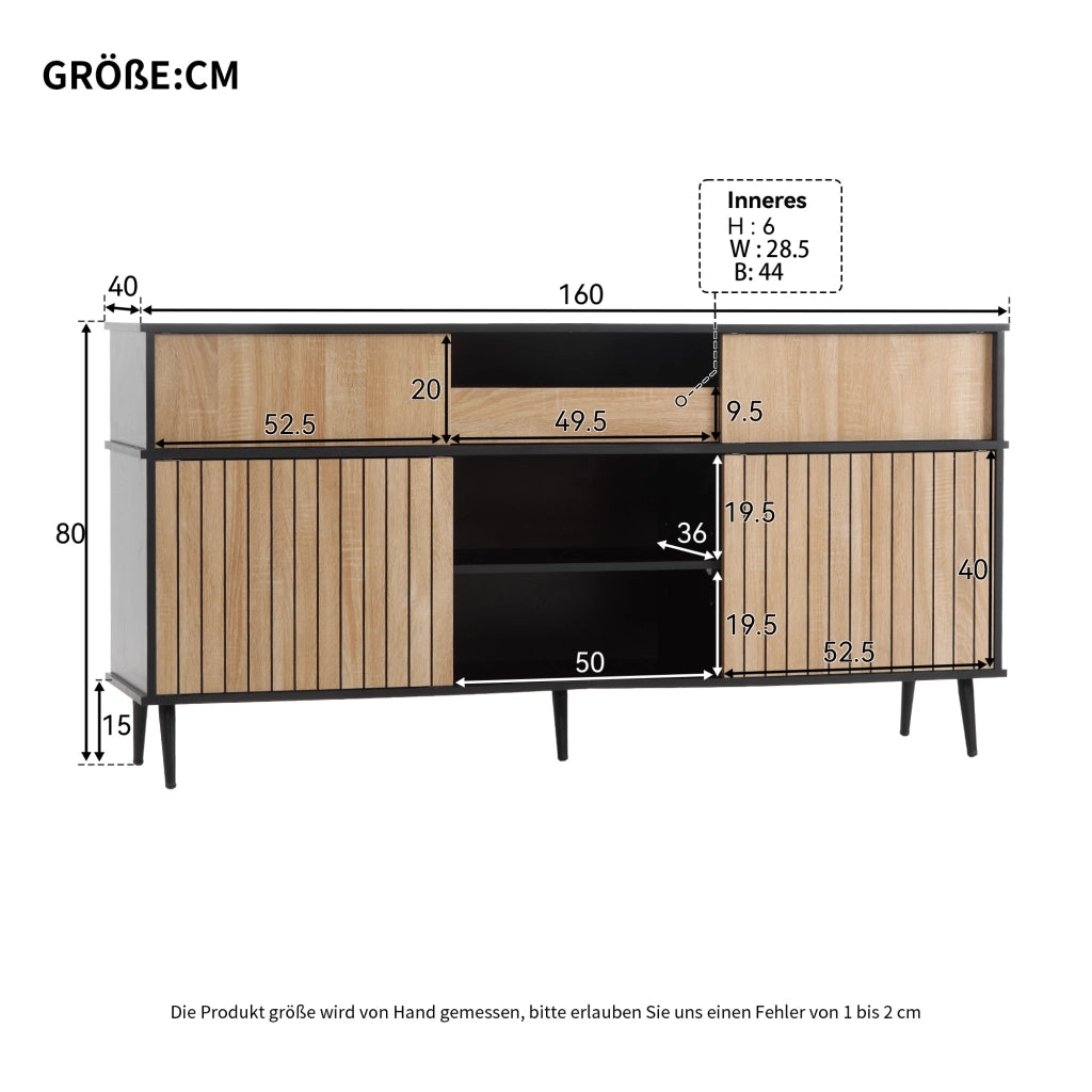 Credenza con 4 ante scorrevoli; 1 cassetto e ripiani regolabili per soggiorno in truciolare nero 160×40×80 cm