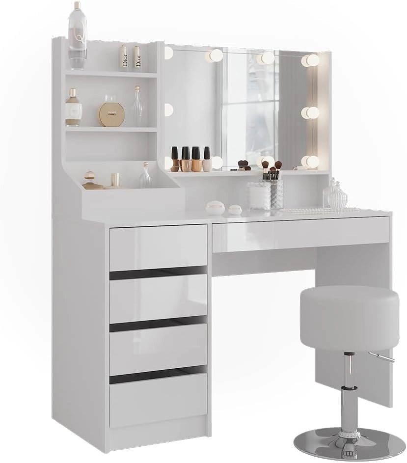 Tavolo da toeletta Sherry, Bianco/bianco lucido, 119.8 cm 4 parti