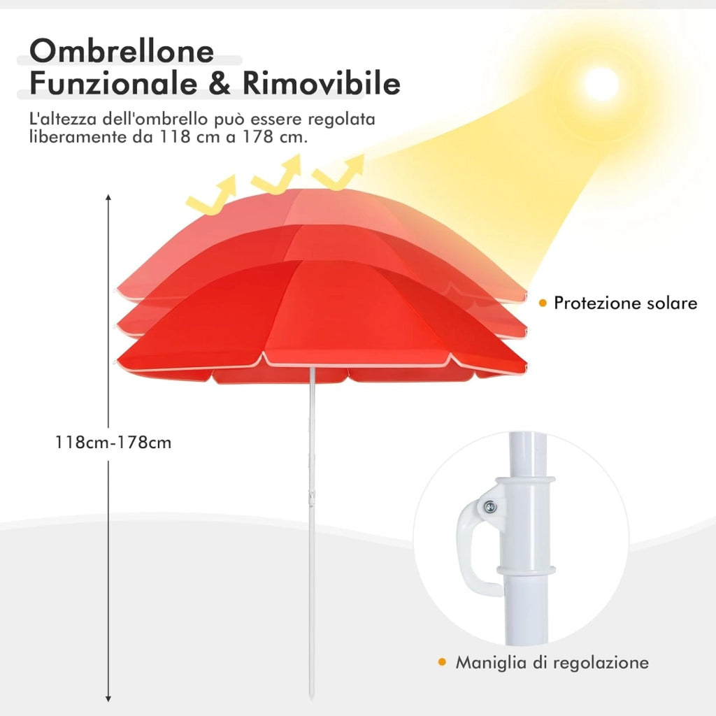 Set di 2 Sedie da Campeggio Pieghevoli, con Ombrellone e Tavolino Contenitore, Resistente e Leggero, Capacità 113 kg (Rosso)