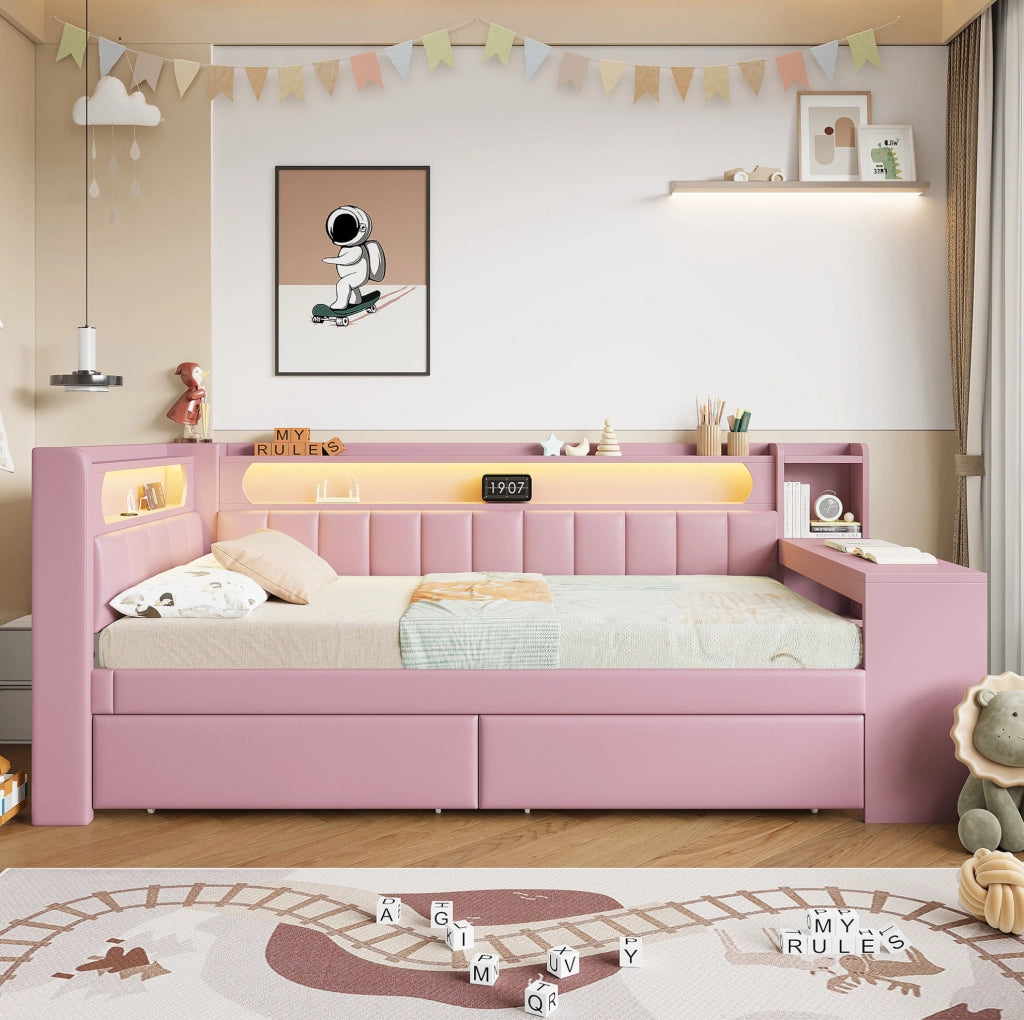 Letto da giorno imbottito 90x200 cm con scrivania; 2 cassetti; LED e USB; rosa