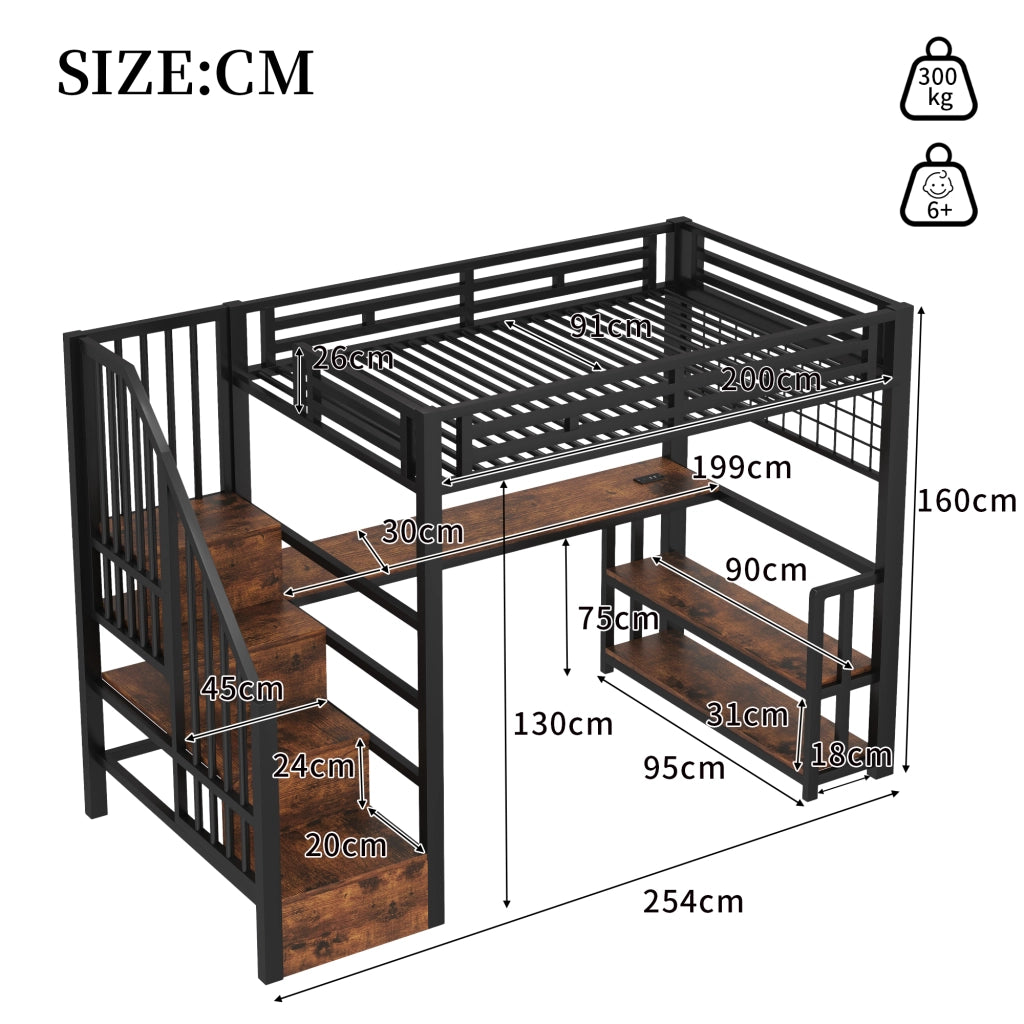 Letto a soppalco singolo 90×200 cm con LED; scrivania; ripiani; USB e Type-C; senza materasso; nero