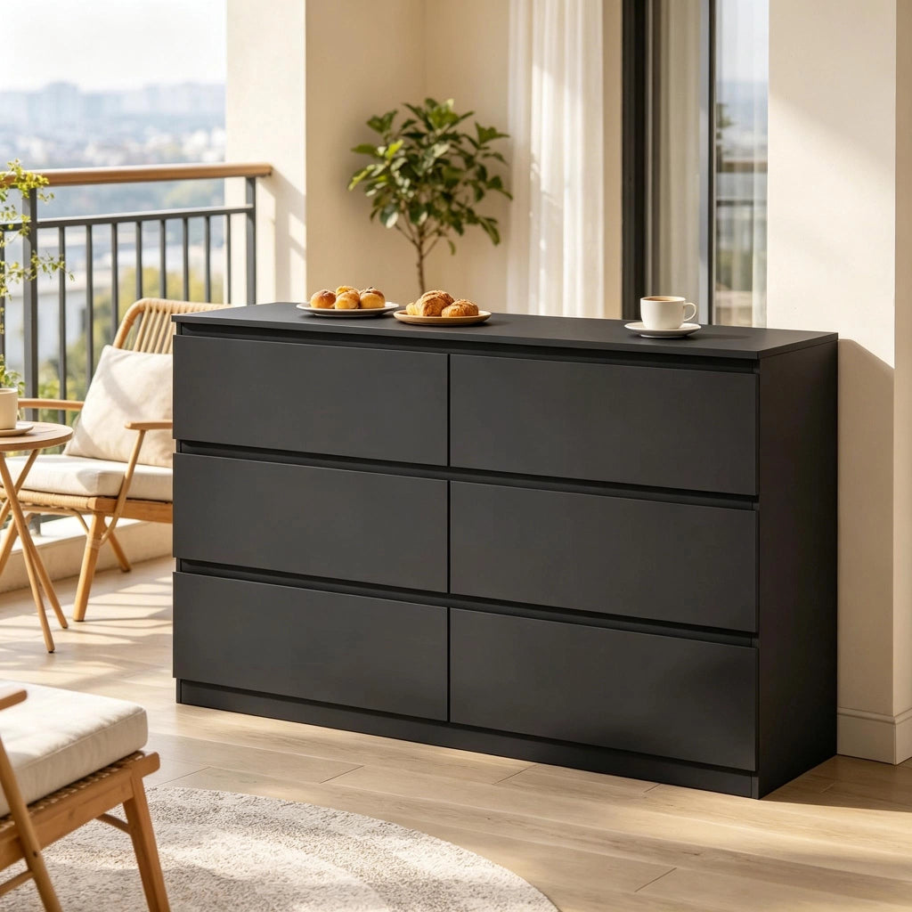 Credenza con 6 cassetti, per soggiorno e camera da letto, in legno ingegnerizzato, nero, 120 × 40 × 75 cm