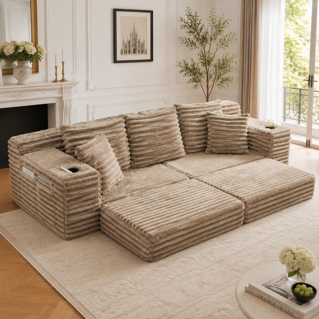 DIVANO LETTO componibile 273x98x87 cm in tessuto a coste Khaki