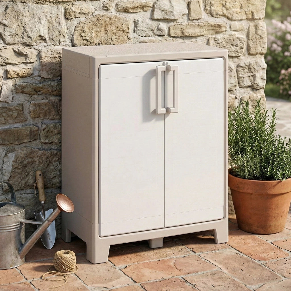 Armadio da esterno Grimsby, Mobile outdoor, Mobiletto giardino multiuso, Contenitore per balcone o garage, Made in Italy, 80x44 h100 cm, Sabbia