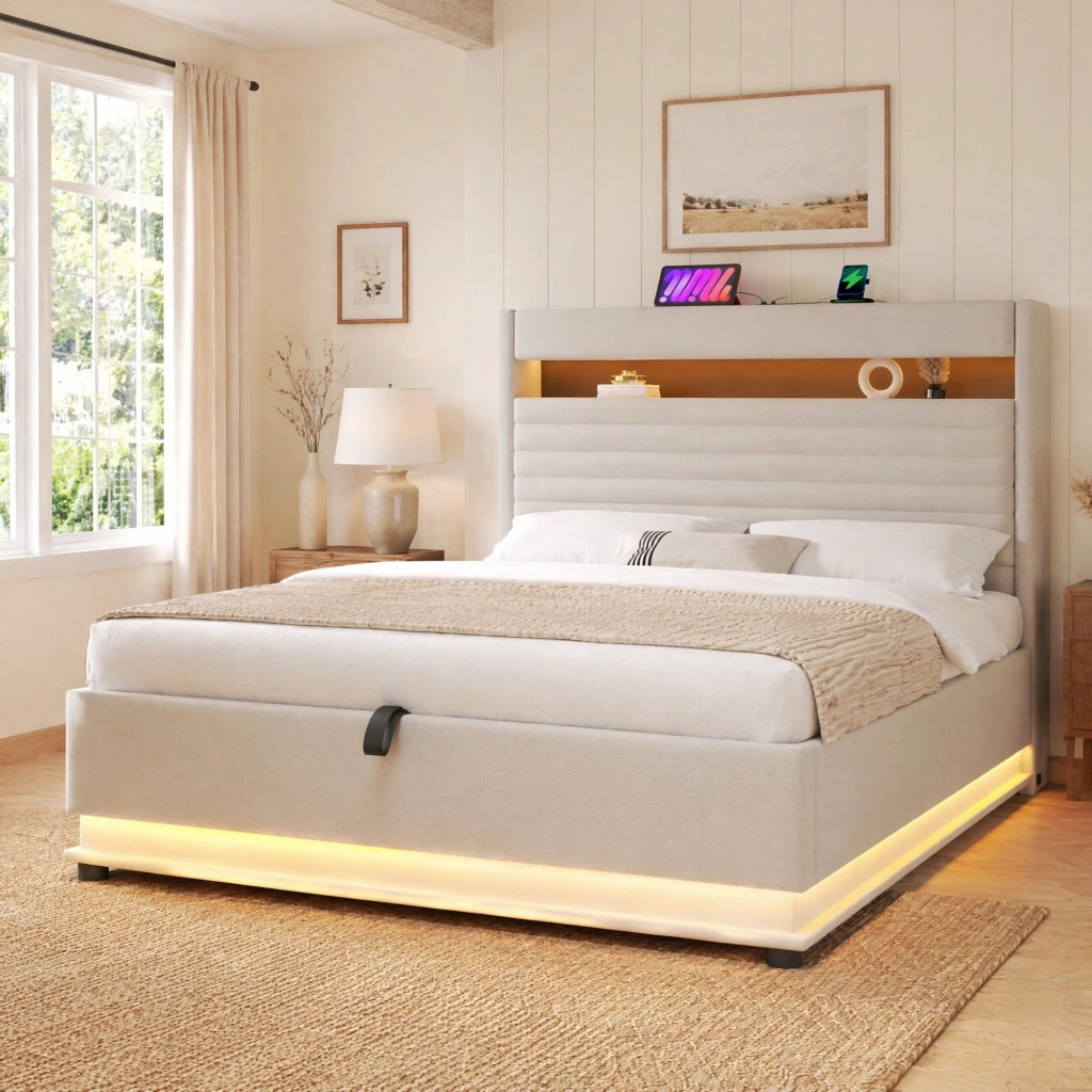 Letto imbottito con contenitore 140x200 cm in lino beige; LED e ricarica USB Type-C