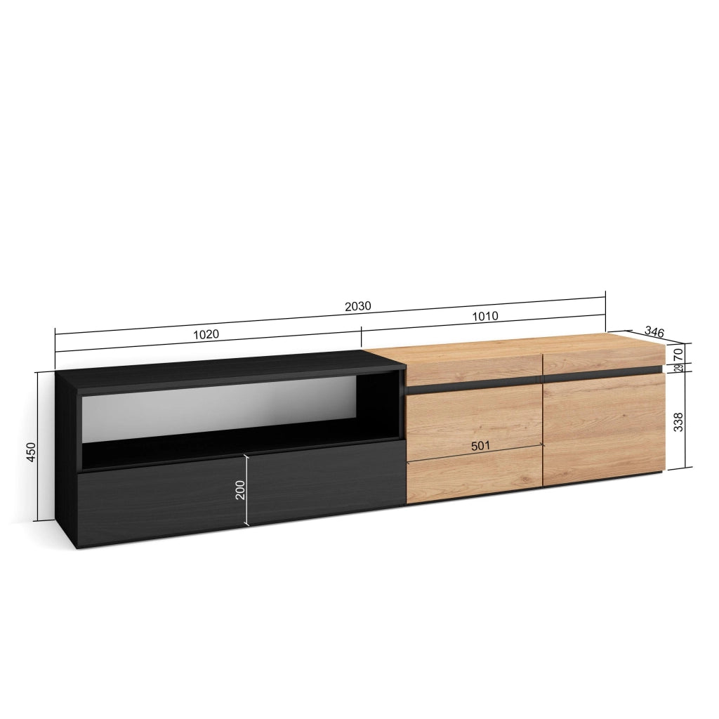 Mobile TV, 200x35x45cm, soggiorno, Per TV fino a 80", Mobile Soggiorno, colore Rovere e nero RF2250